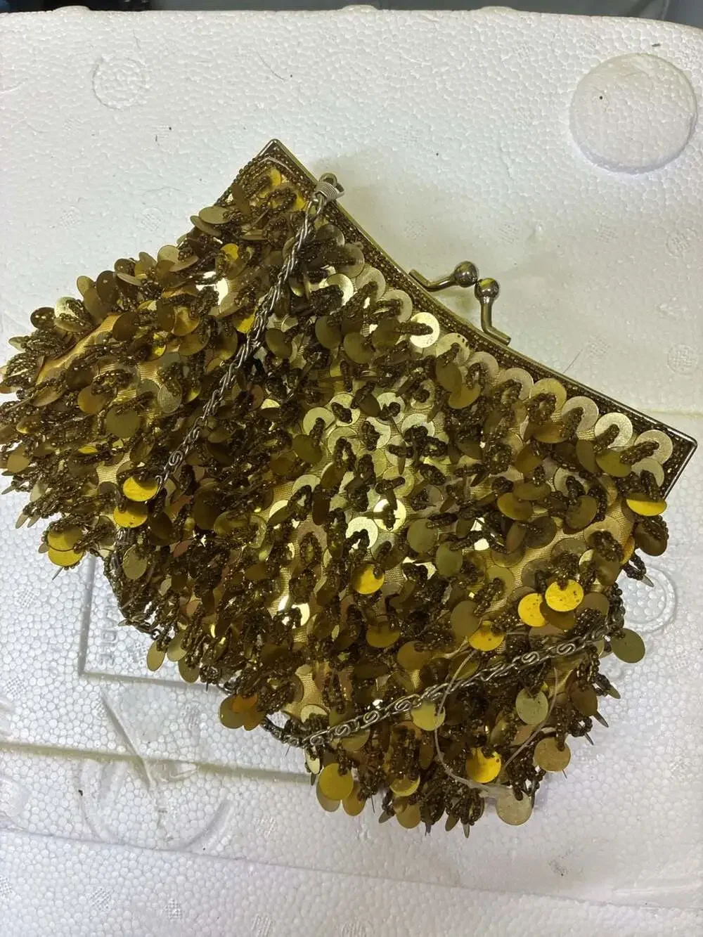 Vintage Gold Sequin and Beaded Evening Clutch Bag with Chain Strap